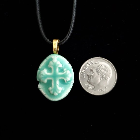 Handmade Ceramic Aqua Green Fleur De Lis Cross Pendant Necklace - Picture 9 of 14
